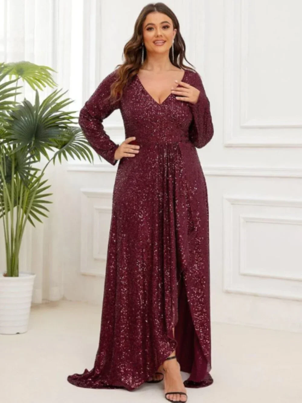 NWT Ever Pretty Syren Sequin V-Neck Gown with High Slit - Plus - Picture 3 of 13